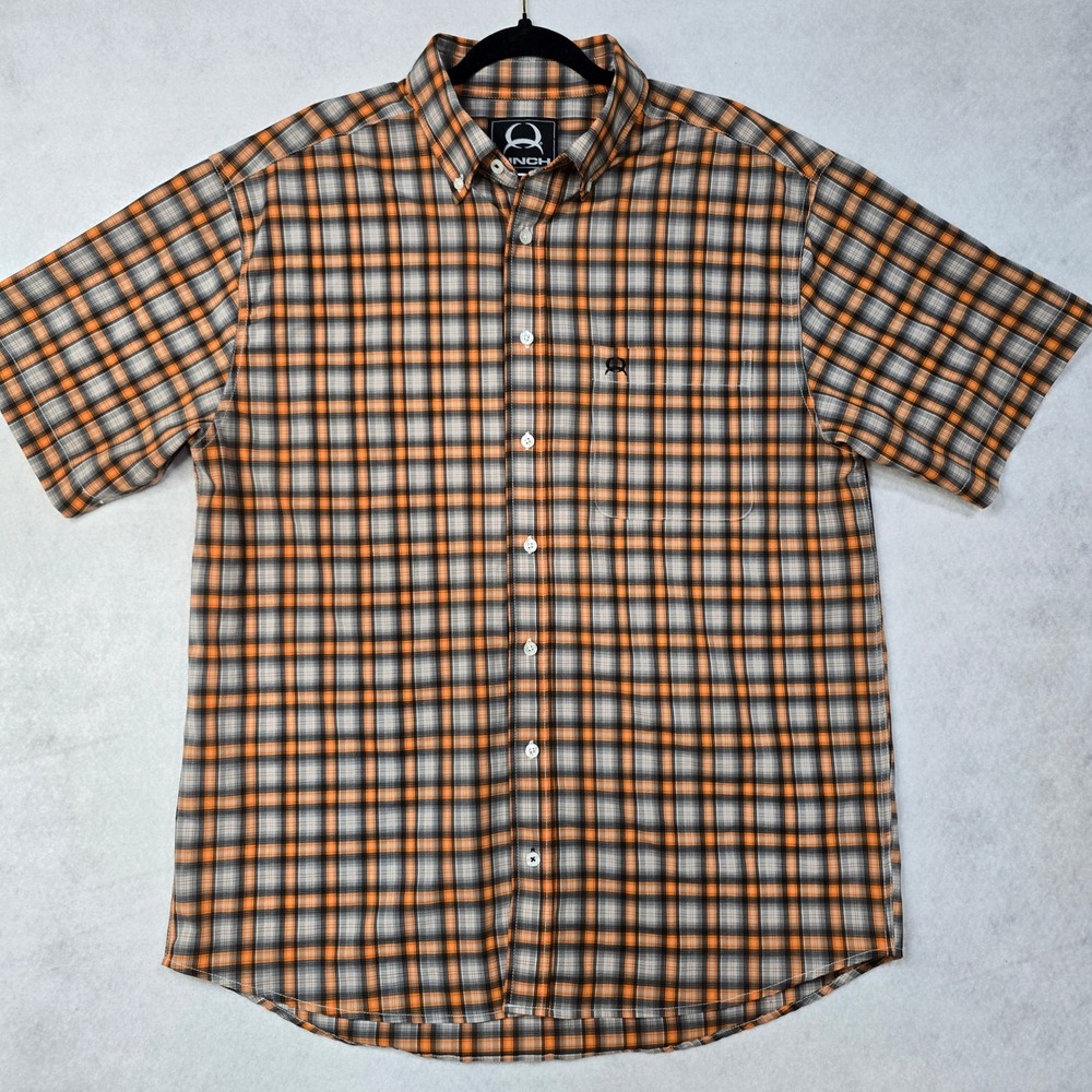 Cinch Mens Orange Grey Plaid Short Sleeve Western Button Down Shirt MTW1704007 L